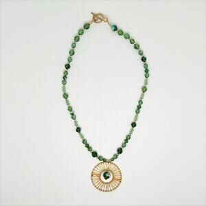 Handmade Green Beaded Necklace with Gold Tone Medallion Pendant Hand Crafted